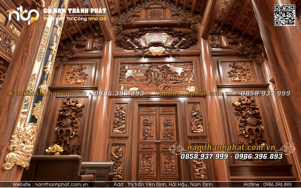 nội thất nhà gỗ 5 gian vách đục tranh tinh xảo